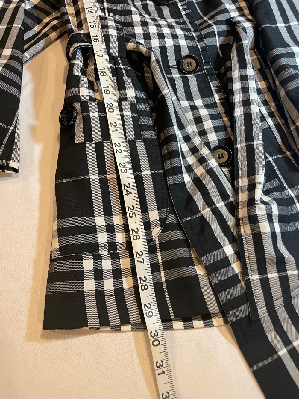 Black & White Plaid Trench Coat with Belt - Picture 12 of 12